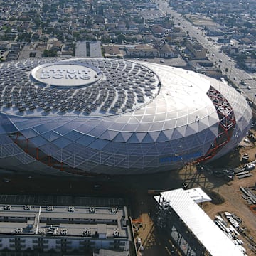 Jan 16, 2024; Inglewood, California, USA; A general overall aerial view of the Intuit Dome construction site. The arena will the future home of the LA Clippers and site of the 2026 NBA All-Star Game.  Mandatory Credit: Kirby Lee-Imagn Images