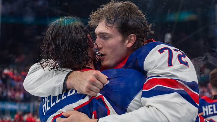 Team USA teammates Connor Hellebuyck (Winnipeg Jets) and Tage Thompson (Buffalo Sabres) at the 2026 Winter Olympics