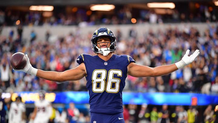 Dec 27, 2025; Inglewood, California, USA;  Los Angeles Chargers tight end Oronde Gadsden (86) reacts after catching a touchdown pass against the Houston Texans during the second half at SoFi Stadium. Mandatory Credit: Gary A. Vasquez-Imagn Images