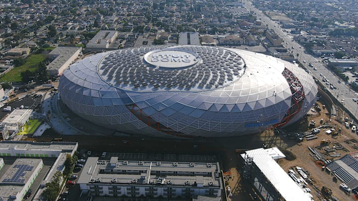 Jan 16, 2024; Inglewood, California, USA; A general overall aerial view of the Intuit Dome construction site. The arena will the future home of the LA Clippers and site of the 2026 NBA All-Star Game.  Mandatory Credit: Kirby Lee-Imagn Images