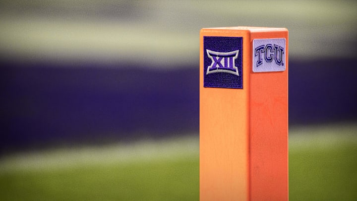 Sep 4, 2021; Fort Worth, Texas, USA; A view of the TCU Horned Frogs and Big 12 conference logo on a touchdown pylon during the game between the TCU Horned Frogs and the Duquesne Dukes at Amon G. Carter Stadium. Mandatory Credit: Jerome Miron-Imagn Images