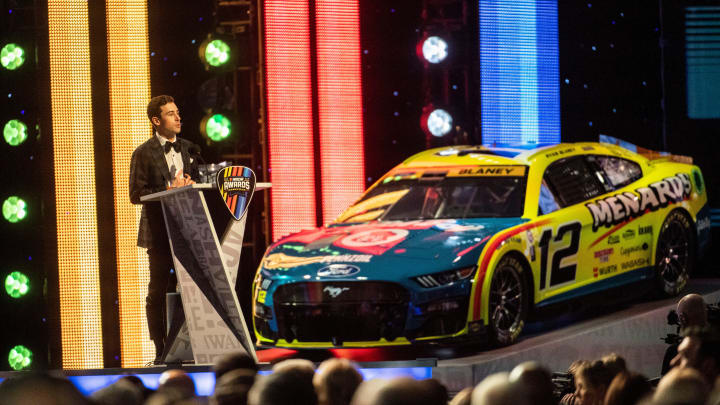 Ryan Blaney gives his thank you speech on winning the NASCAR Cup Series Championship at the 2023 NASCAR Award Banquet at Music City Center in Nashville, Tenn., Thursday, Nov. 30, 2023.