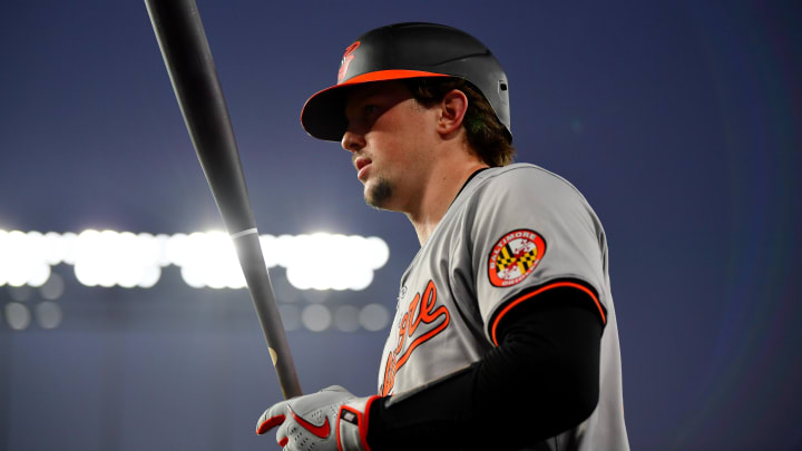 Aug 27, 2024; Los Angeles, California, USA; Baltimore Orioles catcher Adley Rutschman (35) on deck before hitting against the Los Angeles Dodgers during the third inning at Dodger Stadium. Mandatory Credit: Gary A. Vasquez-USA TODAY Sports