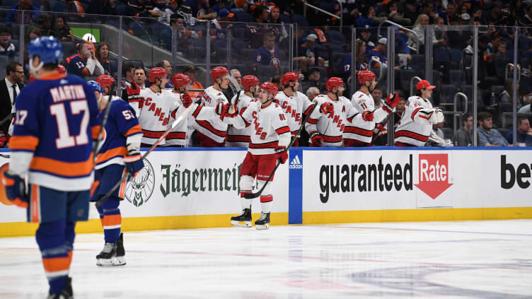 Apr 23, 2023; Elmont, New York, USA;  Carolina Hurricanes center Martin Necas (88) celebrates his