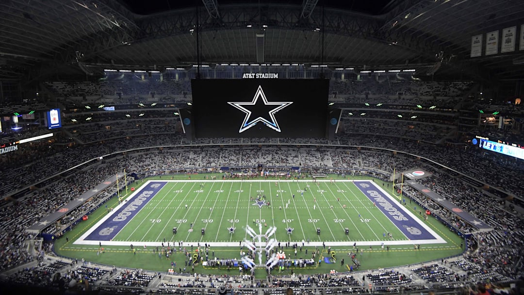 Nov 30, 2017; Arlington, TX, USA; General overall view of AT&T Stadium with the Dallas Cowboys logo on the video board during an NFL football game between the Washington Redskins and the Cowboys at AT&T Stadium. Mandatory Credit: Kirby Lee-Imagn Images