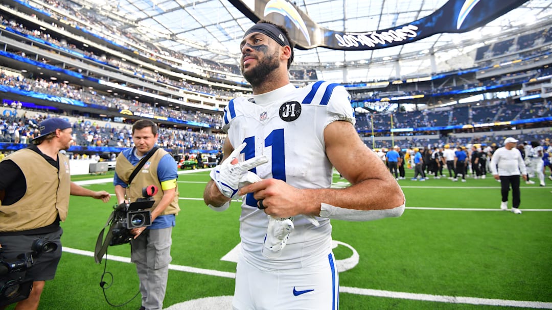 Oct 19, 2025; Inglewood, California, USA; Indianapolis Colts wide receiver Michael Pittman Jr. (11) looks on after the game against the Los Angeles Chargers at SoFi Stadium. Mandatory Credit: Gary A. Vasquez-Imagn Images