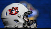 Jul 19, 2018; Atlanta, GA, USA; An Auburn Tigers helmet shown on the main stage coach  during SEC football media day at the College Football Hall of Fame. Mandatory Credit: Dale Zanine-Imagn Images
