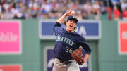 Seattle Mariners starting pitcher Logan Gilbert pitches against the Boston Red Sox on Monday at Fenway Park.
