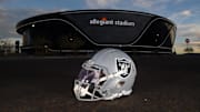Dec 26, 2020; Paradise, Nevada, USA; A general view of a Las Vegas Raiders helmet outside of Allegiant Stadium  before the game against the Miami Dolphins. Mandatory Credit: Kirby Lee-Imagn Images