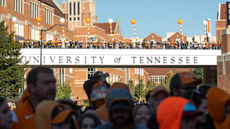 The University of Tennessee bridge during the Vol Walk before a football game between Tennessee and Connecticut at Neyland Stadium in Knoxville, Tenn., on Saturday, Nov. 4, 2023.