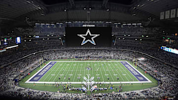Nov 30, 2017; Arlington, TX, USA; General overall view of AT&T Stadium with the Dallas Cowboys logo on the video board during an NFL football game between the Washington Redskins and the Cowboys at AT&T Stadium. Mandatory Credit: Kirby Lee-Imagn Images