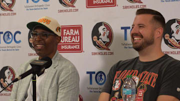 Florida A&M Rattlers head coach Charlie Ward (left) shares a laugh with Florida State Seminoles head coach Luke Loucks during a pregame press conference at The Coyle E. Moore Athletic Center for the Florida A&M Rattlers at Florida State Seminoles NCAA men's college basketball exhibition game, Tallahassee, Florida, Wednesday, Oct. 22, 2025.