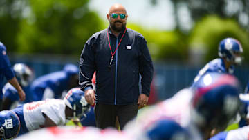 May 10, 2025; East Rutherford, NJ, USA; New York Giants head coach Brian Daboll looks on during rookie minicamp at Quest Diagnostics Training Center. Mandatory Credit: John Jones-Imagn Images