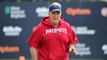 Jul 27, 2023; Foxborough, MA, USA; New England Patriots head coach Bill Belichick heads to the podium for a morning press conference before training camp at Gillette Stadium. Mandatory Credit: Eric Canha-USA TODAY Sports