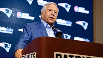 Jan 11, 2024; Foxborough, MA, USA; New England Patriots owner Robert Kraft holds a press conference at Gillette Stadium to answer questions about former head coach Bill Belichick's (not pictured) exit from the team. Mandatory Credit: Eric Canha-Imagn Images