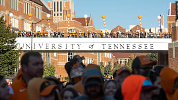 The University of Tennessee bridge during the Vol Walk before a football game between Tennessee and Connecticut at Neyland Stadium in Knoxville, Tenn., on Saturday, Nov. 4, 2023.