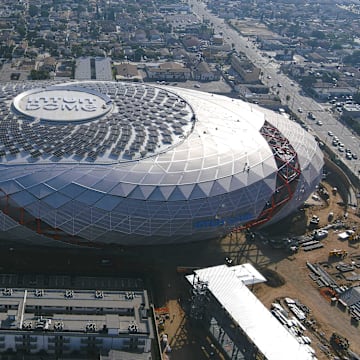 An aerial view of the Intuit Dome. The arena is the home of the LA Clippers and site of the 2026 NBA All-Star Game.  