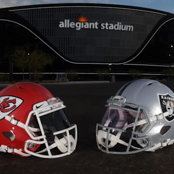 Nov 14, 2021; Paradise, Nevada, USA; Kansas City Chiefs and Las Vegas Raiders helmets are seen outside of Allegiant Stadium. Mandatory Credit: Kirby Lee-Imagn Images