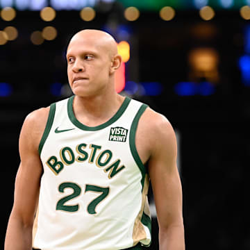 Feb 4, 2024; Boston, Massachusetts, USA; Boston Celtics guard Jordan Walsh (27) looks on during the second half against the Memphis Grizzlies at TD Garden. Mandatory Credit: Eric Canha-Imagn Images