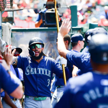 Seattle Mariners shortstop J.P. Crawford celebrates his solo home run against the Los Angeles Angels on July 14 at Angel Stadium.