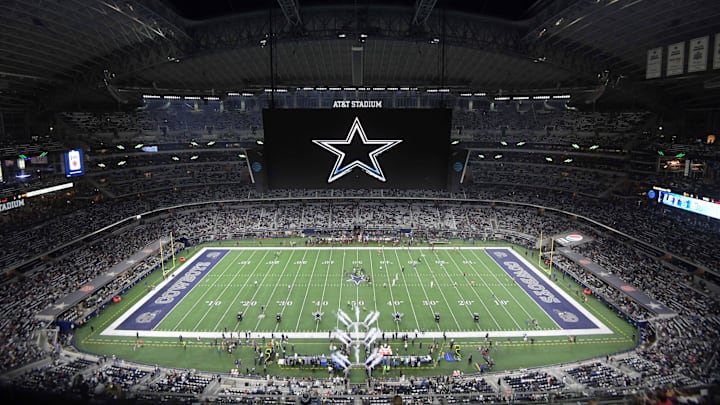Nov 30, 2017; Arlington, TX, USA; General overall view of AT&T Stadium with the Dallas Cowboys logo on the video board during an NFL football game between the Washington Redskins and the Cowboys at AT&T Stadium. Mandatory Credit: Kirby Lee-Imagn Images