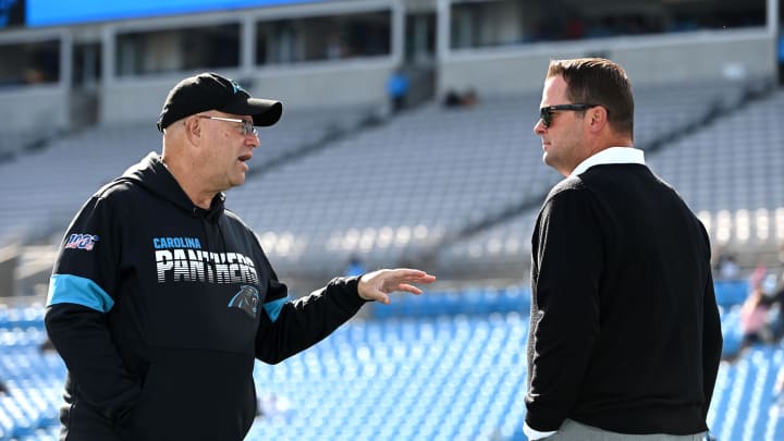 Nov 7, 2021; Charlotte, North Carolina, USA; Carolina Panthers owner David Tepper with general manager Scott Fitterer before the game at Bank of America Stadium. Mandatory Credit: Bob Donnan-USA TODAY Sports