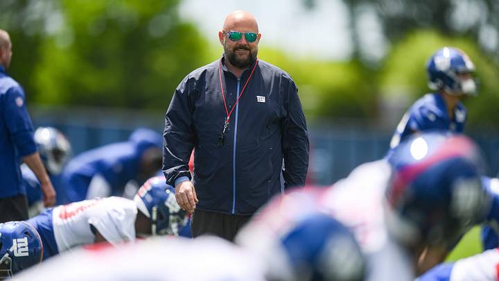 May 10, 2025; East Rutherford, NJ, USA; New York Giants head coach Brian Daboll looks on during rookie minicamp at Quest Diagnostics Training Center. Mandatory Credit: John Jones-Imagn Images