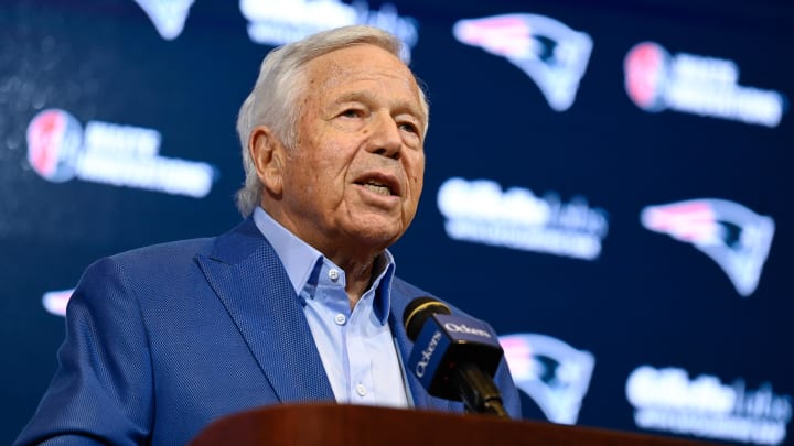 Jan 11, 2024; Foxborough, MA, USA; New England Patriots owner Robert Kraft holds a press conference at Gillette Stadium to answer questions about former head coach Bill Belichick's (not pictured) exit from the team. Mandatory Credit: Eric Canha-USA TODAY Sports