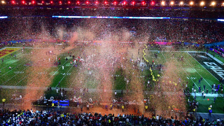 Feb 12, 2023; Glendale, Arizona, US; Confetti fall after a victory by the Kansas City Chiefs over