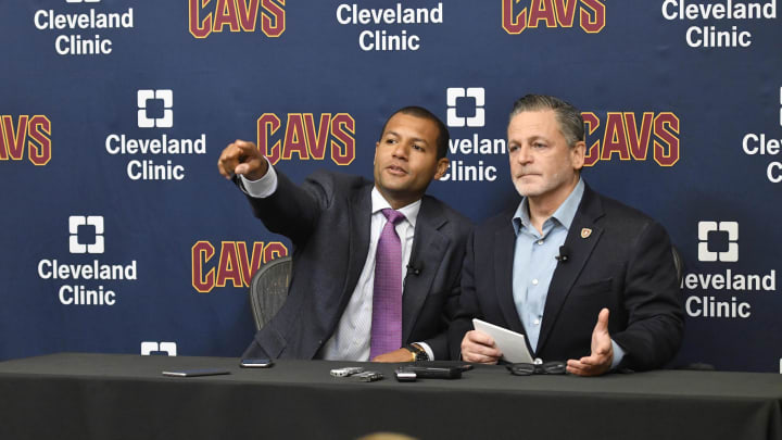 Jul 26, 2017; Cleveland, OH, USA; Cleveland Cavaliers general manager Koby Altman (L) and owner Dan Gilbert (R) speak during a press conference at Cleveland Clinic Courts. Mandatory Credit: David Richard-USA TODAY Sports