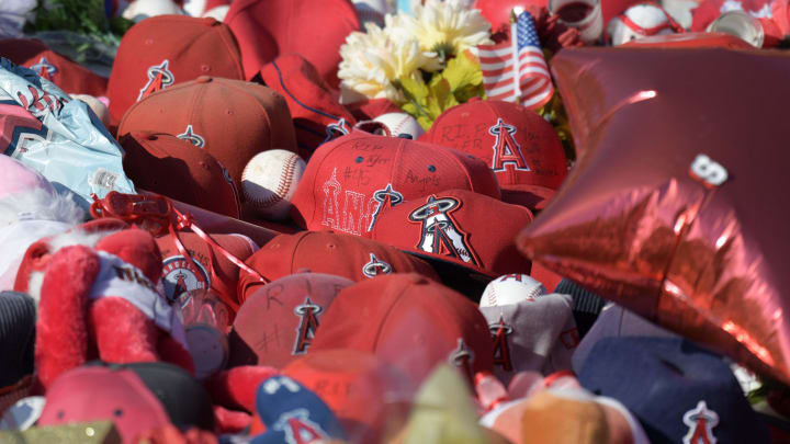 Jul 17, 2019; Anaheim, CA, USA; Detailed view of a memorial for Los Angeles Angels pitcher Tyler Skaggs at Angel Stadium of Anaheim. Skaggs, 27, died at a hotel in Southlake, Texas, July 1, 2019, where he was found unresponsive prior to a game against the Texas Rangers. Steve Klauke, the longtime voice of the Angels' Triple-A affiliate Salt Lake Bees, died on Tuesday. Mandatory Credit: Kirby Lee-USA TODAY Sports