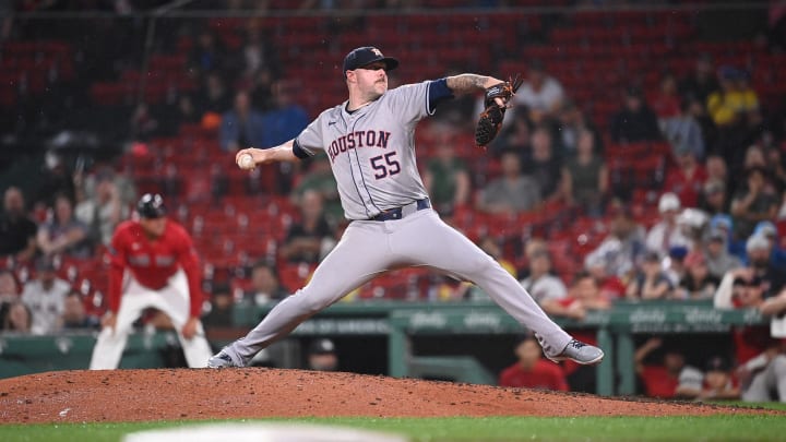 Aug 9, 2024; Boston, Massachusetts, USA; Houston Astros pitcher Ryan Pressly (55) pitches against the Boston Red Sox during the ninth inning at Fenway Park. 