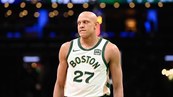 Feb 4, 2024; Boston, Massachusetts, USA; Boston Celtics guard Jordan Walsh (27) looks on during the second half against the Memphis Grizzlies at TD Garden. Mandatory Credit: Eric Canha-Imagn Images