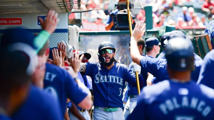 Seattle Mariners shortstop J.P. Crawford celebrates his solo home run against the Los Angeles Angels on July 14 at Angel Stadium.