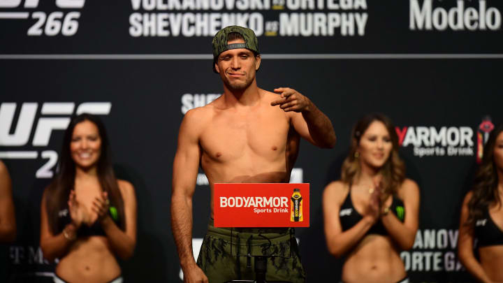 Sep 24, 2021; Las Vegas, Nevada, USA; Brian Ortega during weigh-ins for UFC 266 at Park Theater.