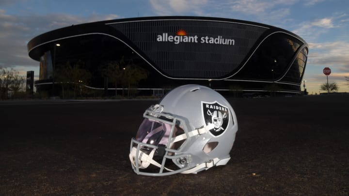 Dec 26, 2020; Paradise, Nevada, USA; A general view of a Las Vegas Raiders helmet outside of Allegiant Stadium  before the game against the Miami Dolphins. Mandatory Credit: Kirby Lee-USA TODAY Sports