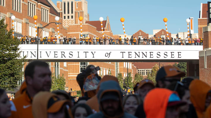 The University of Tennessee bridge during the Vol Walk before a football game between Tennessee and Connecticut at Neyland Stadium in Knoxville, Tenn., on Saturday, Nov. 4, 2023. The University of Tennessee bridge during the Vol Walk before a football game between Tennessee and Connecticut at Neyland Stadium in Knoxville, Tenn., on Saturday, Nov. 4, 2023.