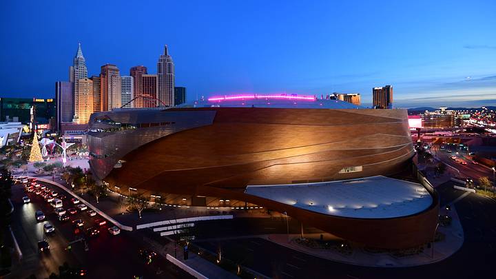 Jan 2, 2018; Las Vegas, NV, USA; General overall view of the T-Mobile Arena and the New York-New York hotel and casino on the Las Vegas Strip before NHL Hockey game between the Nashville Predators and the Vegas Golden Knights. Mandatory Credit: Kirby Lee-USA TODAY Sports