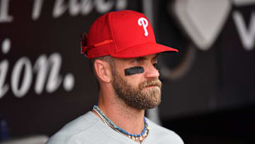 Jul 30, 2025; Chicago, Illinois, USA; Philadelphia Phillies first baseman Bryce Harper (3) looks on from the dugout prior to a game against the Chicago White Sox at Rate Field. Mandatory Credit: Patrick Gorski-Imagn Images