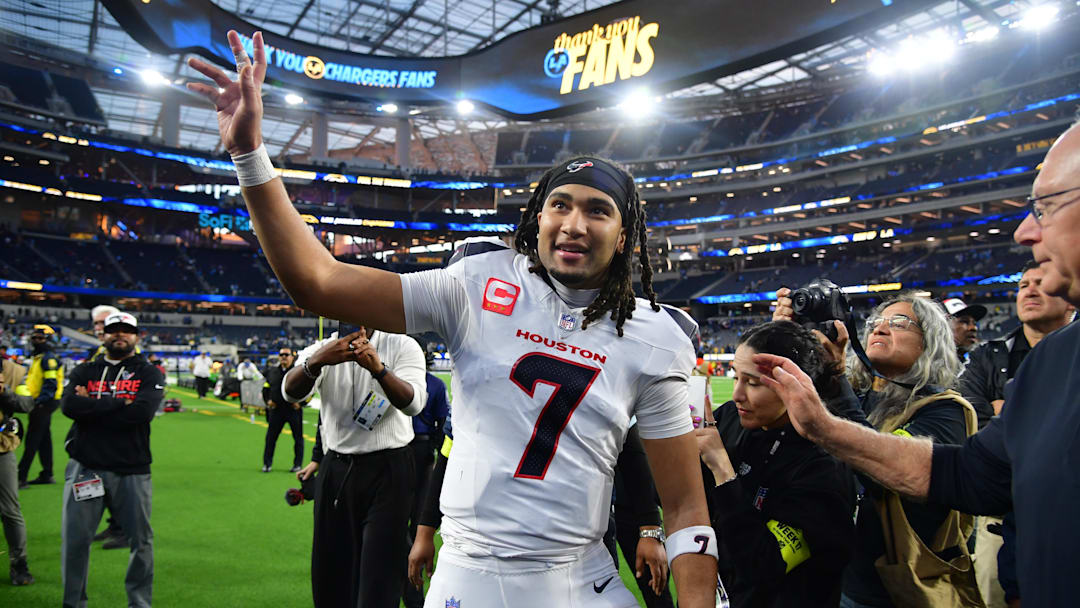 Dec 27, 2025; Inglewood, California, USA;  Houston Texans quarterback C.J. Stroud (7) waves to fans following a game against the Los Angeles Chargers at SoFi Stadium. Mandatory Credit: Gary A. Vasquez-Imagn Images
