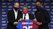 Barcelona's new player Gabonese forward Pierre-Emerick Aubameyang...