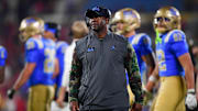 Nov 8, 2025; Pasadena, California, USA; UCLA Bruins interim head coach Tim Skipper during the first half at the Rose Bowl. Mandatory Credit: Gary A. Vasquez-Imagn Images