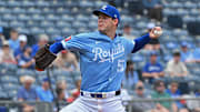 Apr 24, 2025; Kansas City, Missouri, USA;  Kansas City Royals starting pitcher Cole Ragans (55) throws a pitch in the first inning against the Colorado Rockies at Kauffman Stadium. Mandatory Credit: Peter Aiken-Imagn Images