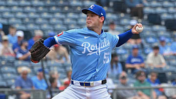 Apr 24, 2025; Kansas City, Missouri, USA;  Kansas City Royals starting pitcher Cole Ragans (55) throws a pitch in the first inning against the Colorado Rockies at Kauffman Stadium. Mandatory Credit: Peter Aiken-Imagn Images