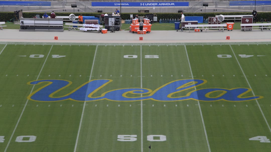 Sep 3, 2017; Pasadena, CA, USA; General overall view of the UCLA Bruins logo at midfield during a