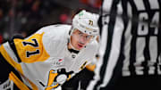 Oct 14, 2025; Anaheim, California, USA; Pittsburgh Penguins center Evgeni Malkin (71) against the Anaheim Ducks during the first period at Honda Center. Mandatory Credit: Gary A. Vasquez-Imagn Images