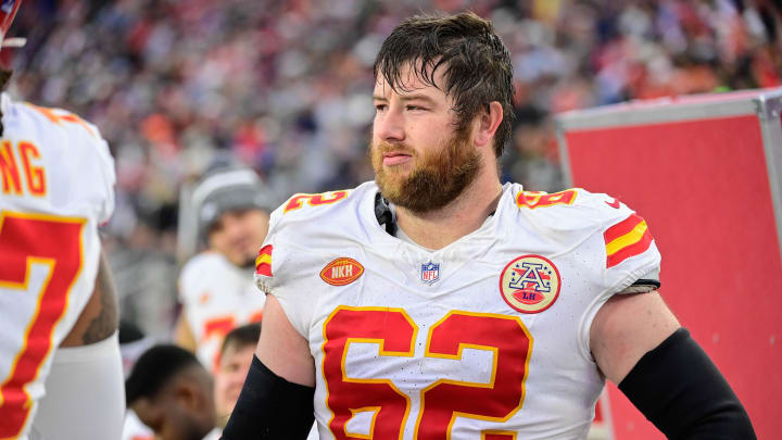 Dec 17, 2023; Foxborough, Massachusetts, USA; Kansas City Chiefs guard Joe Thuney (62)  stands in the bench area during the second half against the New England Patriots at Gillette Stadium. Mandatory Credit: Eric Canha-USA TODAY Sports