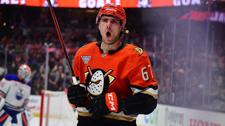 Apr 7, 2025; Anaheim, California, USA; Anaheim Ducks left wing Cutter Gauthier (61) celebrates his goal scored against the Edmonton Oilers during the second period at Honda Center. Mandatory Credit: Gary A. Vasquez-Imagn Images