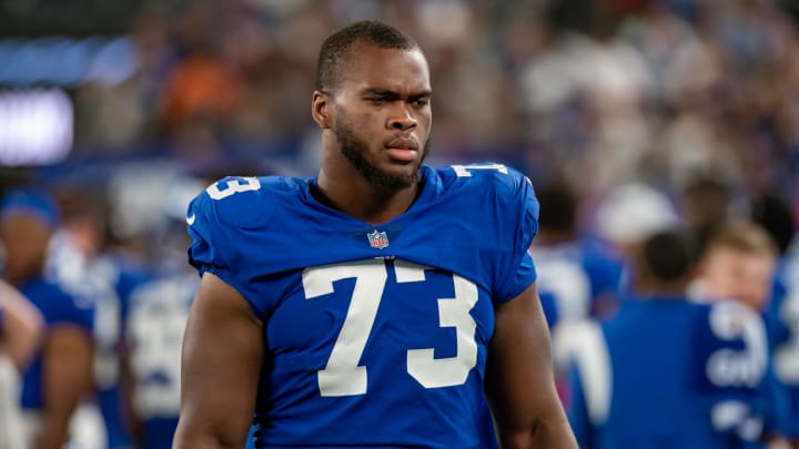 Aug 21, 2022; East Rutherford, New Jersey, USA; New York Giants offensive lineman Evan Neal (73) during the second half against the Cincinnati Bengals at MetLife Stadium.  