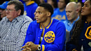 Jan 5, 2023; Los Angeles, California, USA; Former UCLA player Russell Westbrook in attendance as the UCLA Bruins play against the Southern California Trojans during the first half at Pauley Pavilion. Mandatory Credit: Gary A. Vasquez-Imagn Images